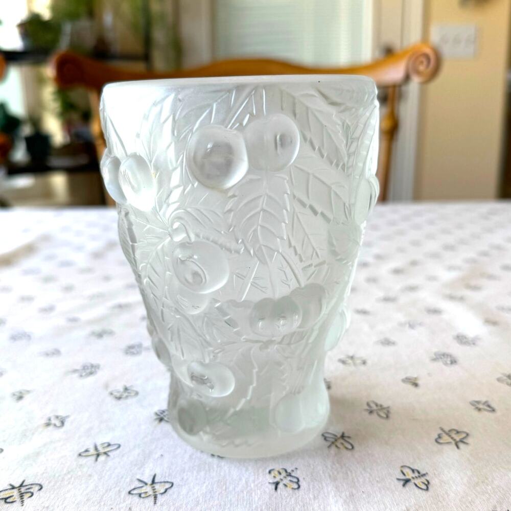 1930's Josef Inwald Barolac Vase Satin Glass, Allover Cherry Design Art deco